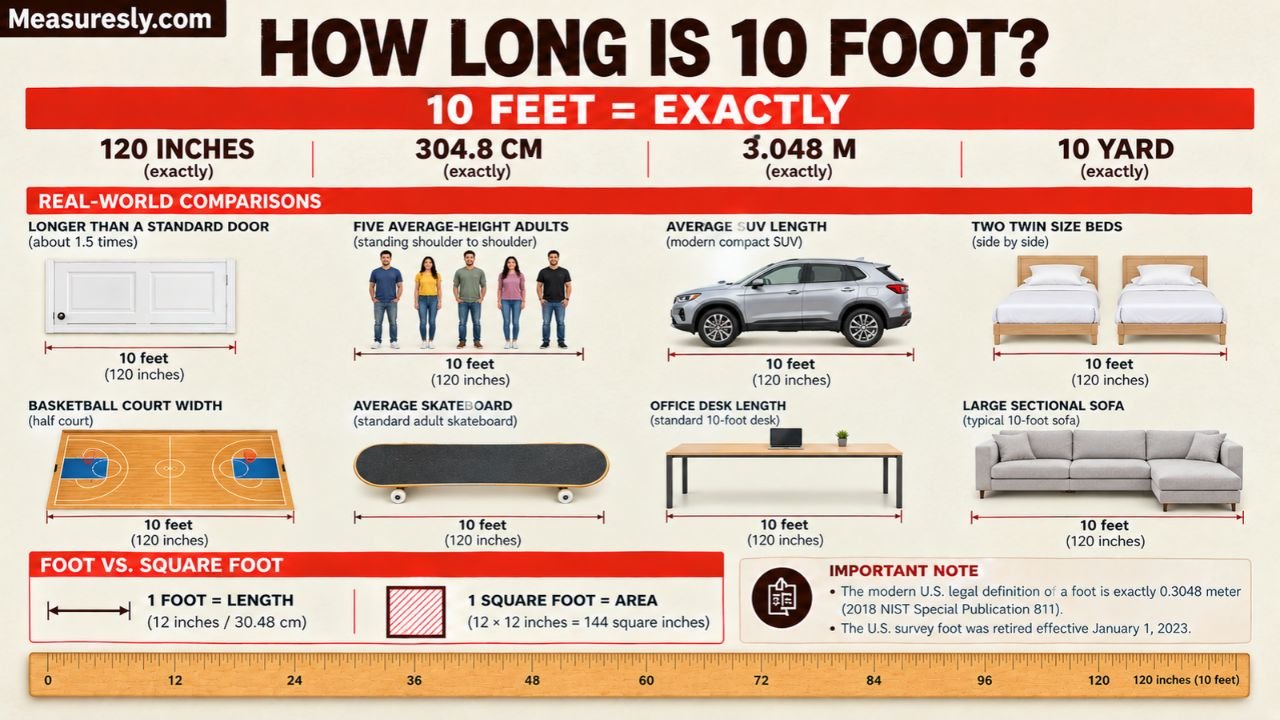 How Long Is 10 Foot? Complete Guide to 10 Feet in Inches, CM, Linear Feet, Square Feet & More
